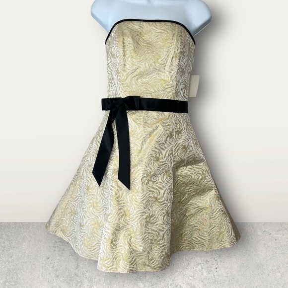 Jessica McClintock vintage 80’s Elegant Strapless Gold Dress with Black Bow - Picture 1 of 13